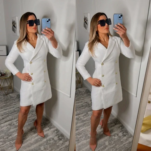 TRENDY LONG SLEEVE DOUBLE
BREASTED BLAZER MINI
DRESS - WHITE - Picture 3 of 17